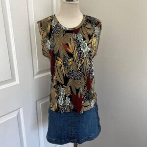 VINTAGE PLISSE Y2K JUNGLE‎ FOREST PRINT RIBBED RUFFLED SLEEVELESS TANK TOP